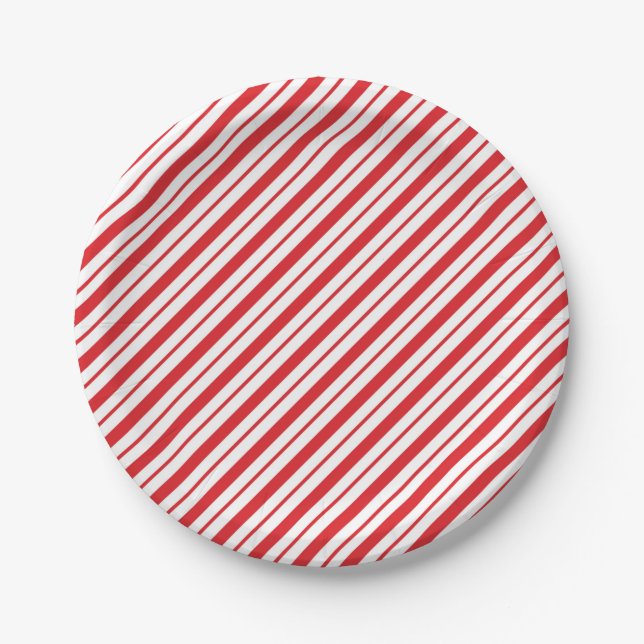 Prato De Papel Listras de Candy Canes Vermelho e Branco Férias Na (Frente)