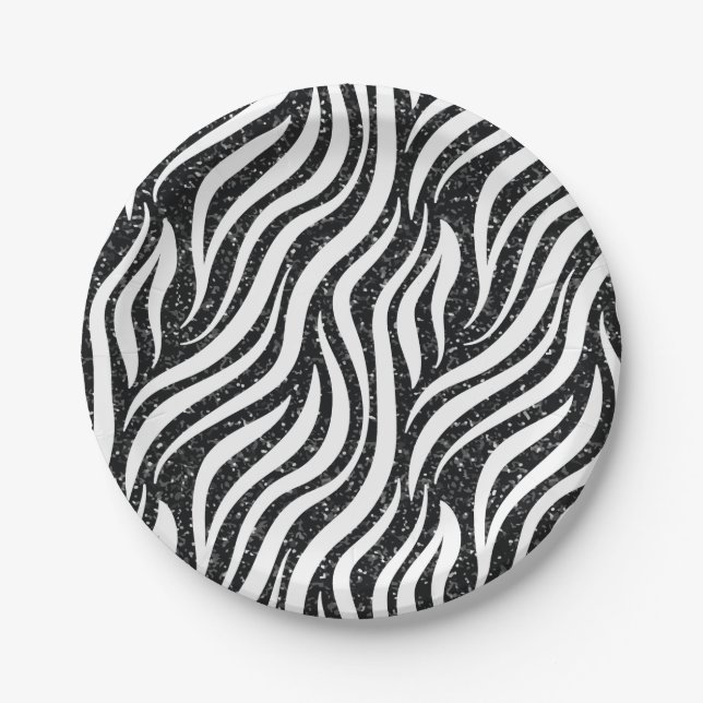 Prato De Papel Listras de Zebra Brilho Preto Impressão de Animais (Frente)
