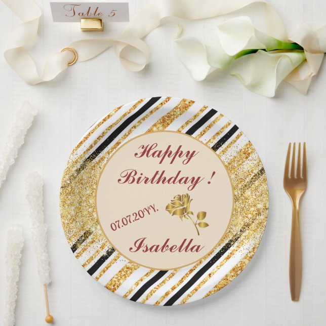 Prato De Papel Listras Glitter Dourado Preto Boho Coleção Popular (Casamento)