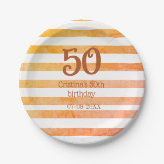 Prato De Papel Listras laranja vermelhas 50º aniversário marrom n
