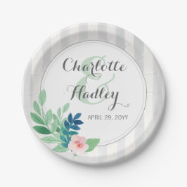 Prato De Papel Listras modernas Floral Watercolor Boho Casamento
