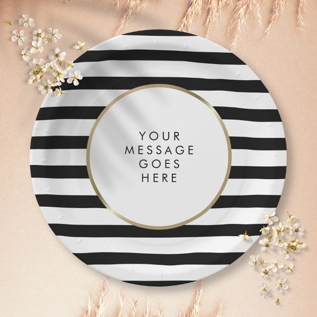 Prato De Papel Listras Pretas e Brancas Personalizadas a Dourado (Black and White Stripe Gold Personalized Paper Plates)