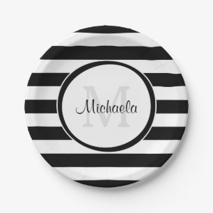 Prato De Papel Listras pretas finos dos doces e monograma do
