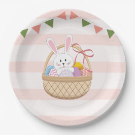 Prato De Papel Listras Rosa E Brancas Coelho Da Páscoa No Cesto