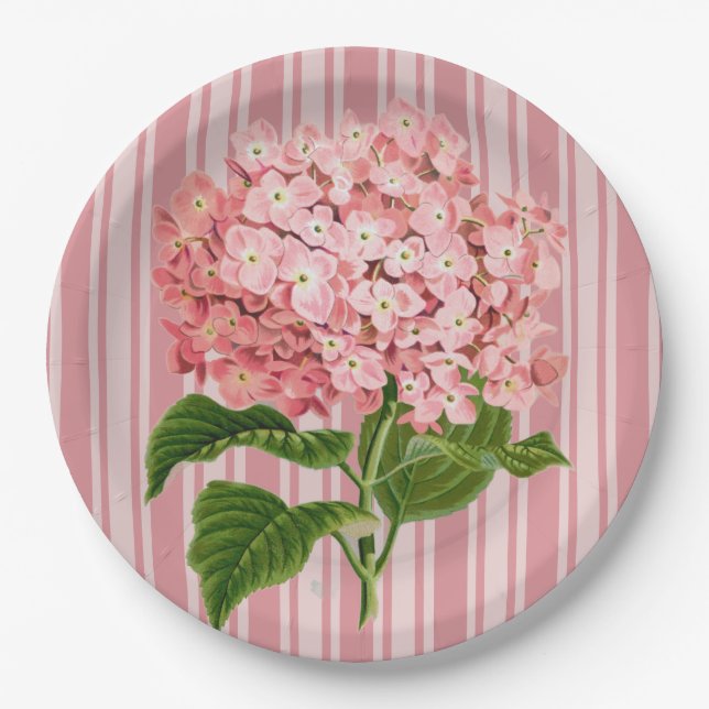 Prato De Papel Listras Rosa e Hortênsia (Frente)
