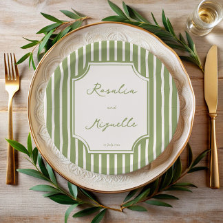 Prato De Papel Listras vintage verde sálvia casamento personaliza