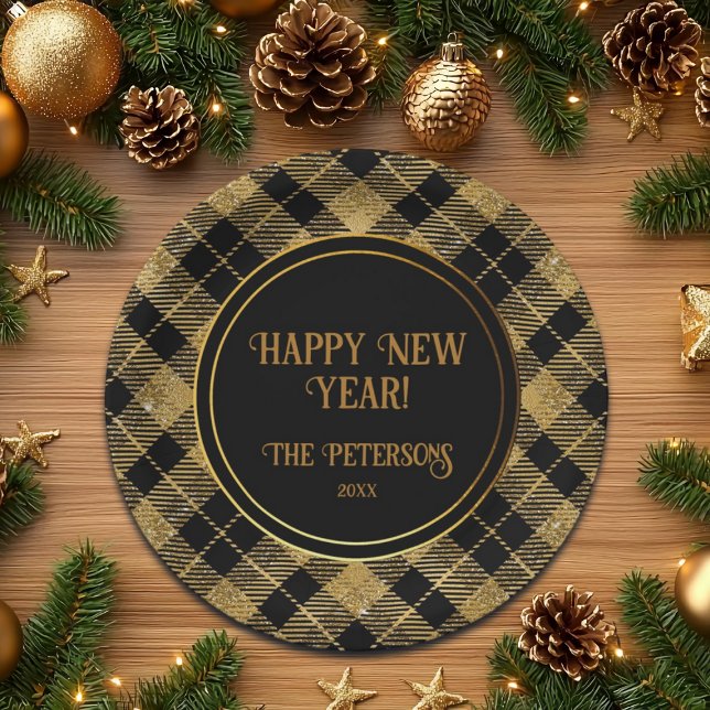 Prato De Papel Lítima Dourada Elegante de Tartan Preto (Criador carregado)