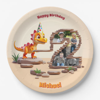 Prato De Papel Little Dino Dragon | Segundo aniversário de Número