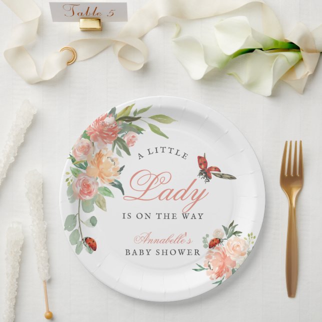 Prato De Papel Little Lady Ladybug Roses Girl Baby Shower (Casamento)