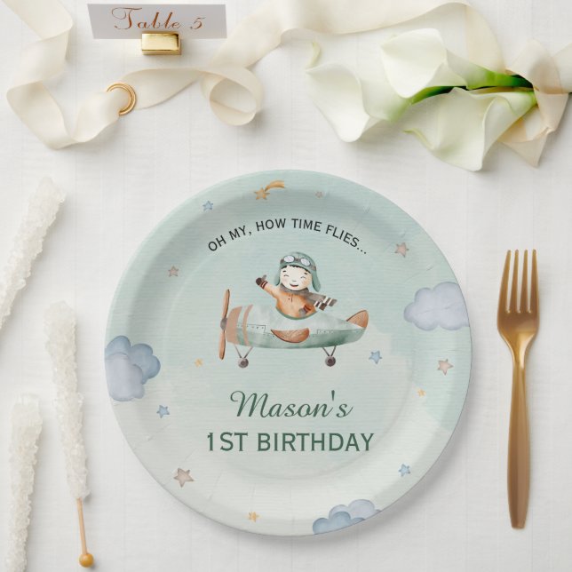Prato De Papel Little Pilot Green Sky 1st Birthday Airplane Party (Casamento)