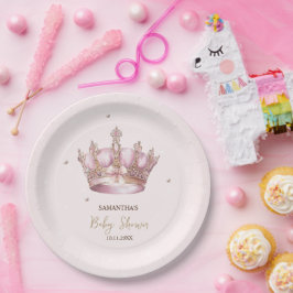 Prato De Papel Little Princess Crown Pearls Dots Baby Shower