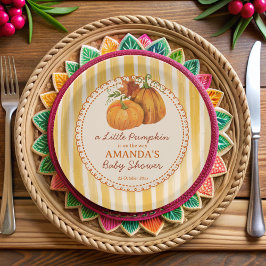 Prato De Papel Little pumpkin retro stripes baby shower monogram