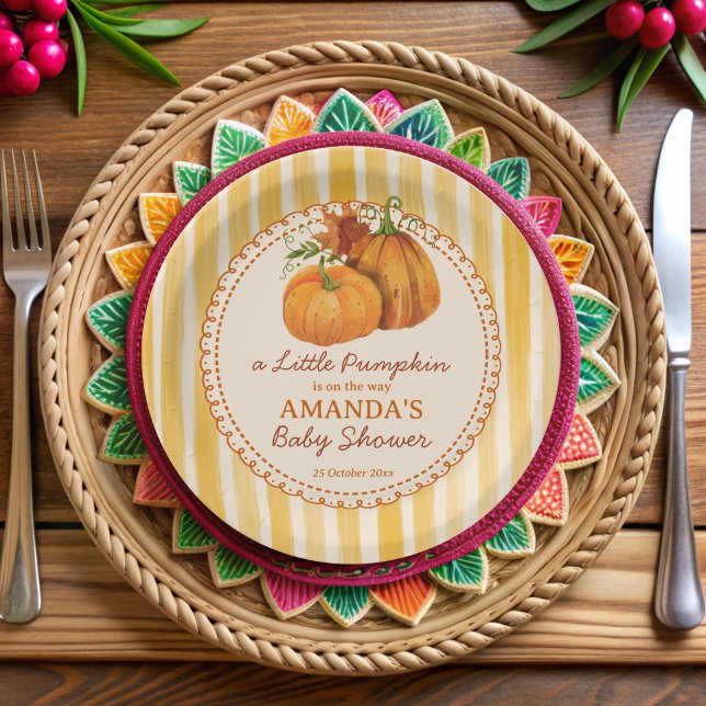 Prato De Papel Little pumpkin retro stripes baby shower monogram (Little pumpkin retro yellow stripes fall baby shower monogrammed paper plates personalized decor)