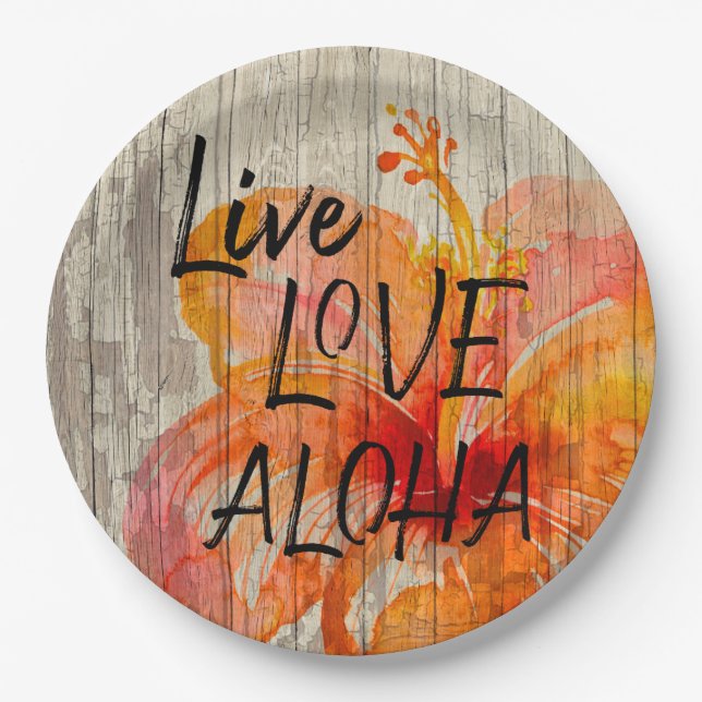Prato De Papel Live Love Aloha Hibiscus Beach Sinal (Frente)