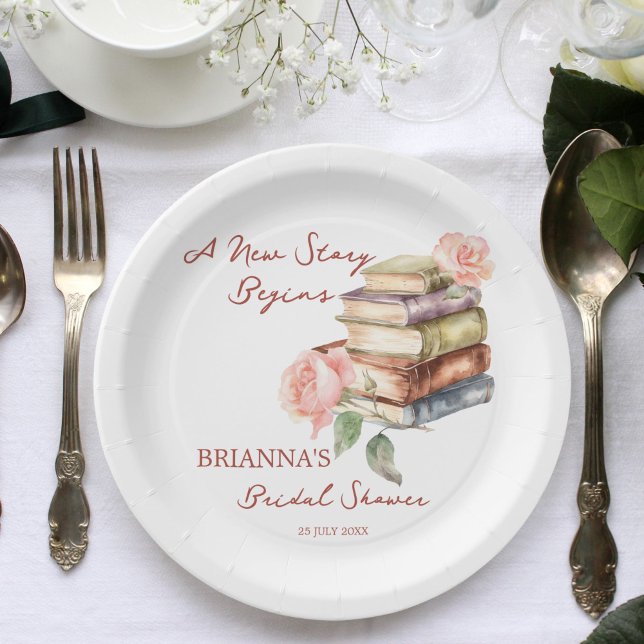 Prato De Papel Livro da história novo capítulo chá de panela impr (Story book new chapter bridal shower printed paper plates personalized tableware decor bookworm them)