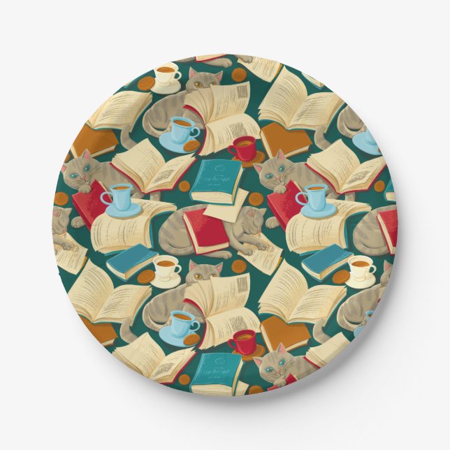 Prato De Papel Livros e gatos (Frente)