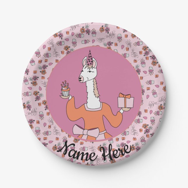 Prato De Papel Llama com cupcake (Frente)
