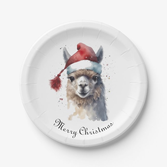 Prato De Papel Llama de Natal com Chapéu de Papai Noel e Texto Pe (Frente)
