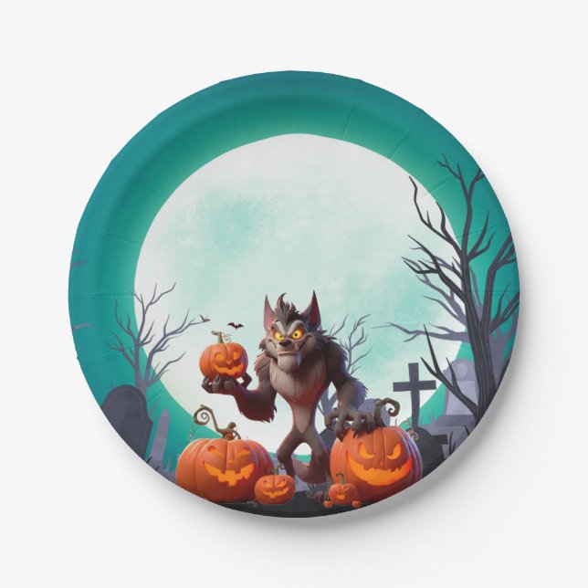 Prato De Papel Lobisomem e abóboras de Halloween (Frente)