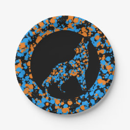 Prato De Papel Lobo Azul Laranja Tinta Salpicada