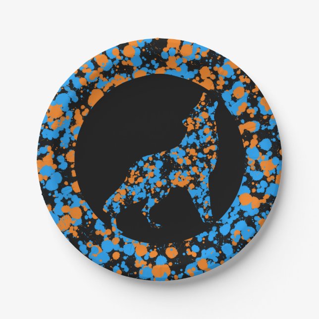 Prato De Papel Lobo Azul Laranja Tinta Salpicada (Frente)