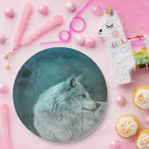 Prato De Papel Lobo Cinza bonito numa Floresta Escura