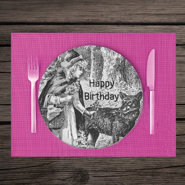 Prato De Papel Lobo-do-Mão-Vermelho Madeira Aniversário Negro Bra (Black White Little Red Riding Hood wolf in woods on Birthday paper party plates.)