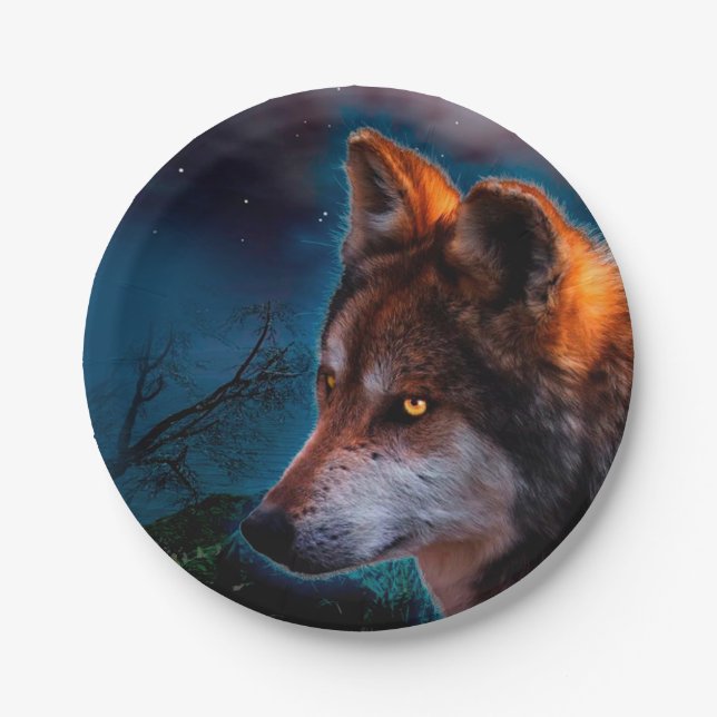 Prato De Papel Lobo e a lua à meia-noite (Frente)