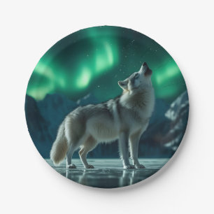Prato De Papel Lobo Uivando Sob a Aurora Boreal