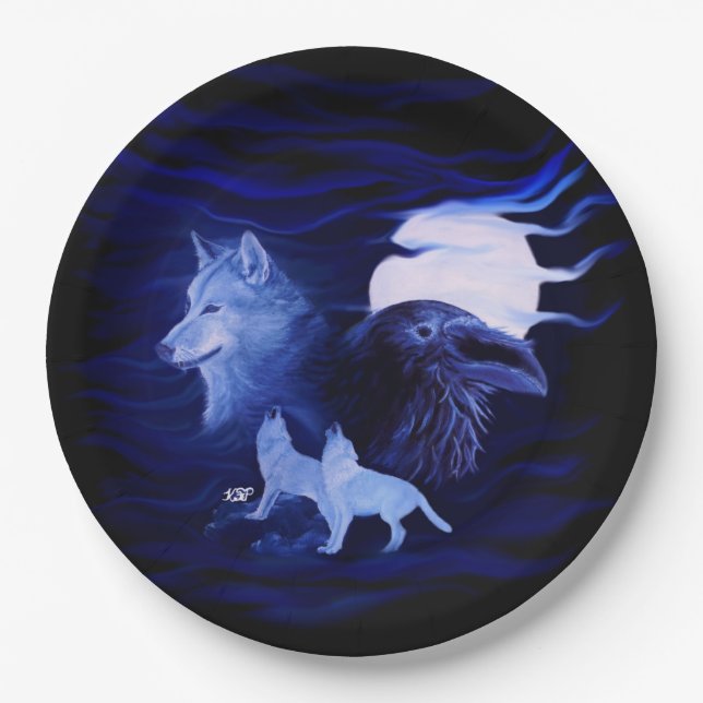 Prato De Papel Lobos e Raven com lua de cheio (Frente)