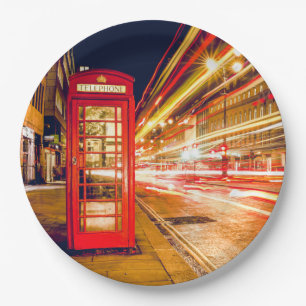 Prato De Papel Londres na noite com a caixa de telefone vermelha