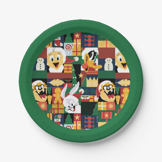 Prato De Papel LOONEY TUNES™ Holiday Block Patterno (Frente)