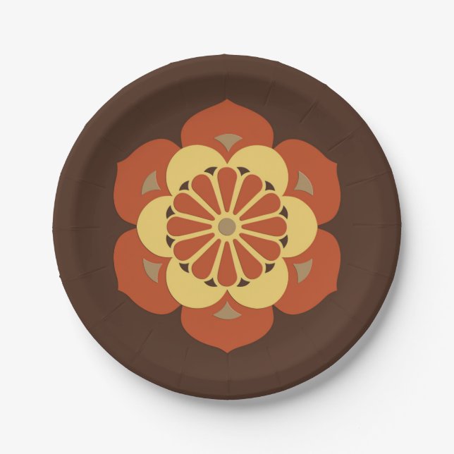 Prato De Papel Lotus Flower Mandala, Brown, Rusta e Amarelo (Frente)