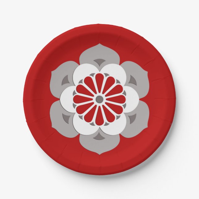Prato De Papel Lotus Flower Mandala, Vermelho Escuro, Cinzas e Br (Frente)