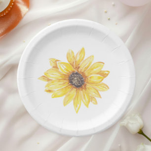 Prato De Papel Louça para Chá de Bebê Girassol em Aquarela