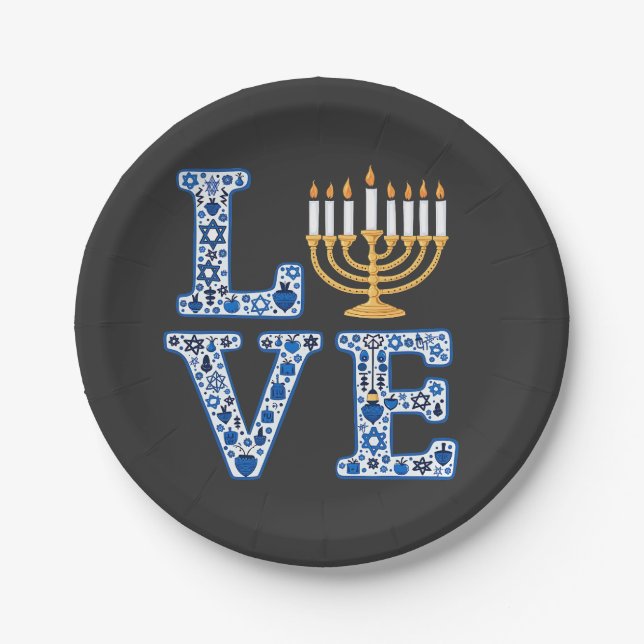 Prato De Papel Love Hanukkah Jewish Holiday Menorah (Frente)