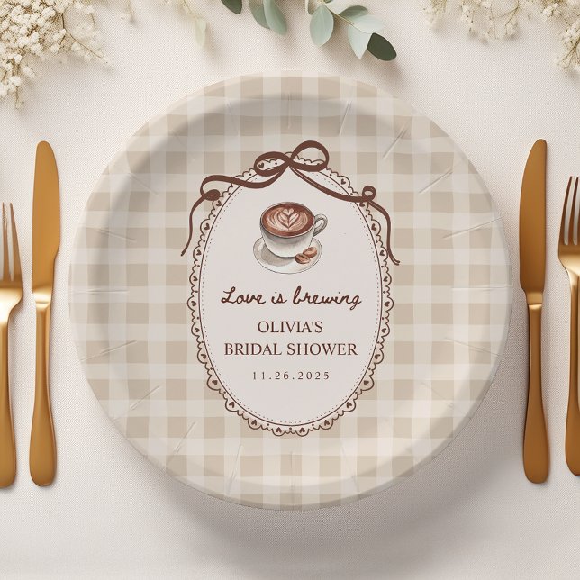 Prato De Papel Love is Brewing Gingham Coffee Bridal Shower (Criador carregado)