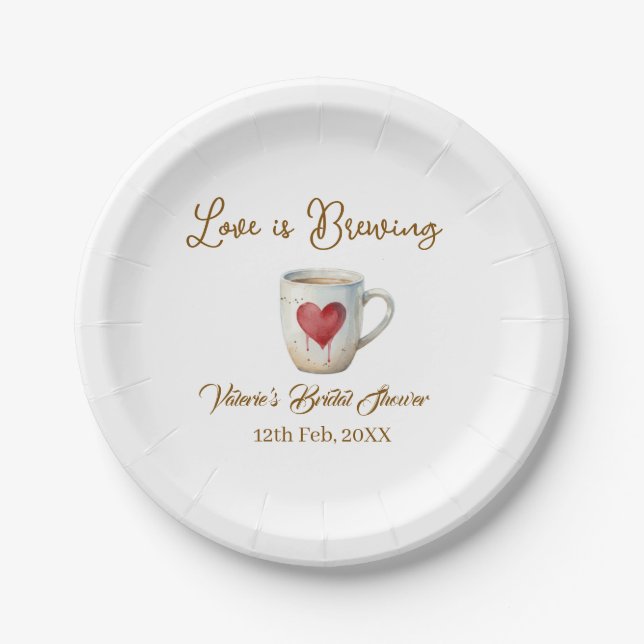 Prato De Papel Love is Brewing white coffee mug heart bridal show (Frente)