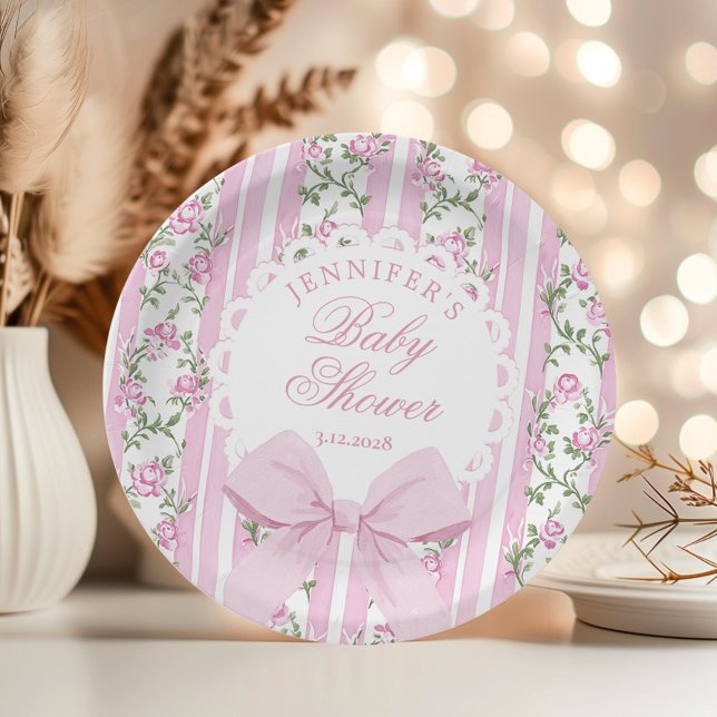 Prato De Papel Love Shack Coquette Blush Pink Bow Baby Shower (Criador carregado)