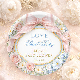 Prato De Papel Love Shack Floral Pink Bow Girl Baby Shower