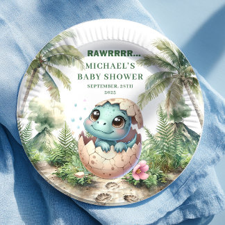 Prato De Papel Lovely Blue Dino Baby Shower Hatching Soon Plates