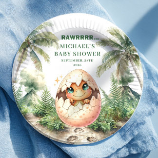 Prato De Papel Lovely Dino Egg Baby Shower Hatching Soon Plates