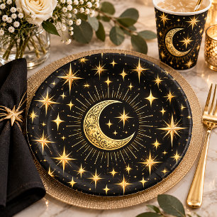 Prato De Papel Lua Crescente e Estrelas Pretas e Douradas Elegant