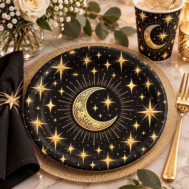 Prato De Papel Lua Crescente e Estrelas Pretas e Douradas Elegant (Criador carregado)