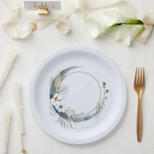 Prato De Papel Lua do Crescente Azul com Flores Brancas Aniversár