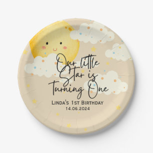 Prato De Papel Lua e Estrelas primeiro aniversario de Creme