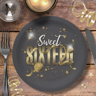 Prato De Papel Lua e estrelas Sweet 16 Dourado/Blk ID788