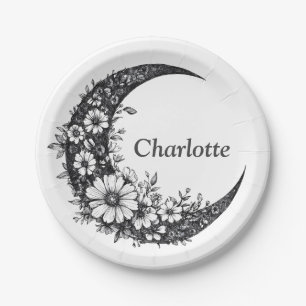 Prato De Papel Lua e Flores Arte com Nome Personalizável