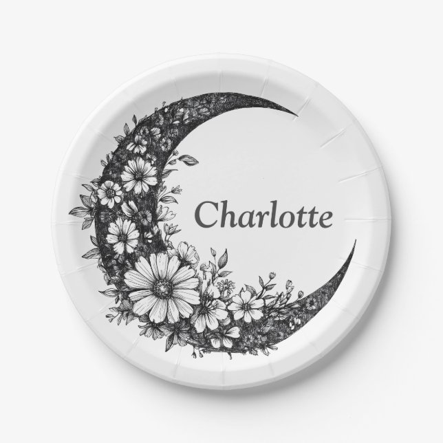 Prato De Papel Lua e Flores Arte com Nome Personalizável (Frente)