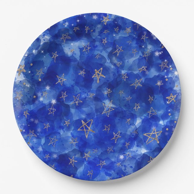 Prato De Papel Lua Estrelas Bronze Dourado Azul Caprichoso Chá de (Frente)